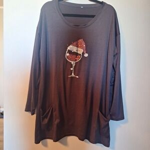 Christmas Wine Glass Santa Hat Night Gown Sleep Shirt Tunic Top Gray Size XL